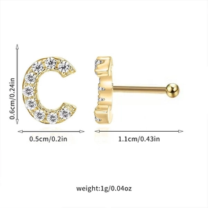 Detailed size specifications for gold letter C nose stud with micro-pave cubic zirconia