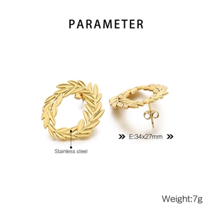 Detailed view of gold stainless steel laurel leaf hoop earrings with product dimensions