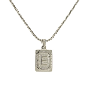 Silver square letter E pendant necklace with classic stainless steel box chain