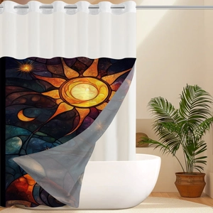Detail of artistic sun and moon print on waterproof polyester fabric shower curtain