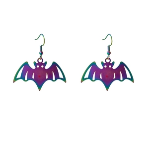 Macro shot of Halloween bat earrings featuring purple gradient plating and hollow wings