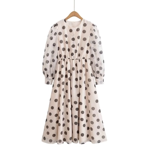 Robe Midi À Pois Style Français Manches Bouffantes Longues Mousseline Col Rond Bouton Devant Taille Élastique Femme