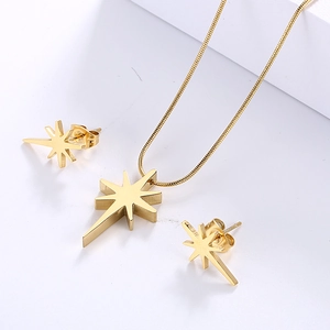 Detail of gold star pendant necklace and earrings with cubic zirconia on snake chain