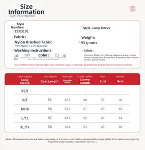 Detailed size chart for women's slim-fit long sleeve sports yoga t-shirt with measurements