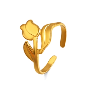 Polished 18K gold plated stainless steel tulip open ring with realistic floral design