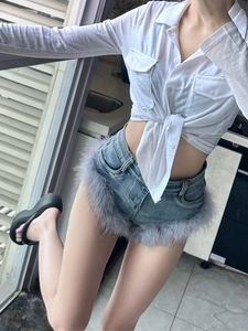 Denim Shorts Hohe Taille Elastisch Damen Sexy Hot Pants Mit Kunstfederbesatz Patchwork Slim Fit Streetwear