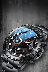 Close-up of a black waterproof sports watch with chronograph and date window feature
