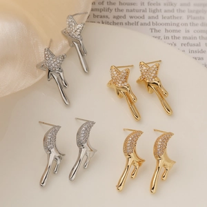 Melting Star Moon Stud Earrings Copper Real Gold Plated Zircon Minimalist Style Jewelry For Women
