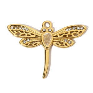 Detailed close-up of a gold dragonfly pendant with sparkling zircon wings and body