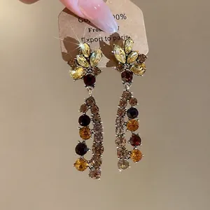 French vintage flower jewelry set with amber rhinestone tassel earrings in gold finish