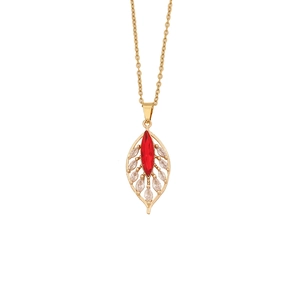 Elegant gold leaf pendant necklace with red marquise stone and sparkling clear crystals