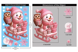Detailed sheet showing 3D pink Christmas snowman stickers with layout dimensions