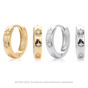 Octagram Star Hoop Earrings 925 Sterling Silver With Cubic Zirconia Inlay Minimalist Chic Niche Jewelry For Women