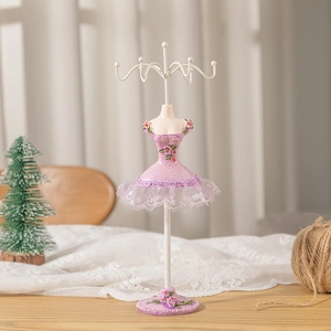 Creative mannequin jewelry display stand with pink floral lace and metal hooks