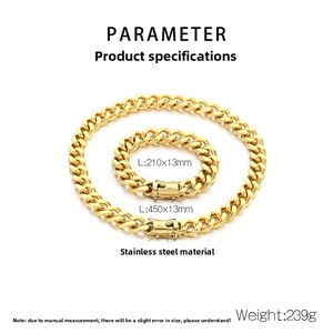 Specifications of 13mm gold cuban link necklace and bracelet set in stainless steel