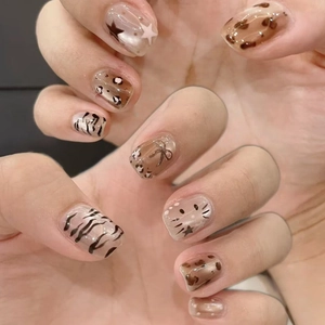 Square Short Press On Nails Leopard Zebra Print Star Bow Design Artificial Nails With Glue Tool For Women DIY Manicure Accessory