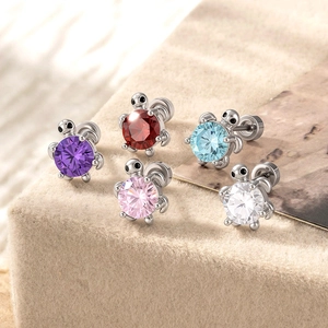 Sea Turtle Ear Cartilage Stud Earrings Titanium Steel Cubic Zirconia Flat Back Piercing Jewelry For Women