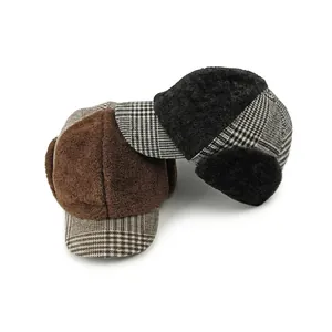Winter thermal baseball cap with earflaps in classic plaid and faux shearling texture