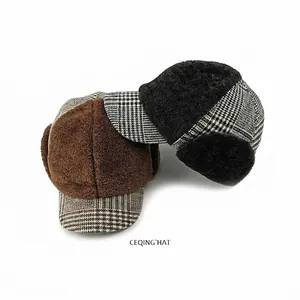 Winter thermal baseball cap with earflaps in classic plaid and faux shearling texture
