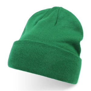 Detail view of emerald green knit beanie showing texture and thick ribbed cuff edge