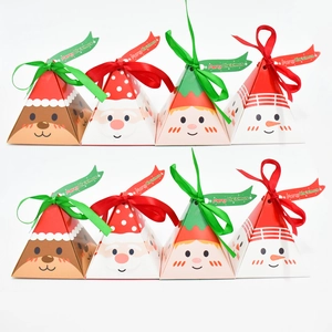 Christmas Pyramid Gift Boxes Paper Candy Packaging Ribbon Bow Cartoon Santa Reindeer Elf Snowman Holiday Party Decor
