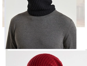 Detail of thick waffle knit texture on winter beanie and neck warmer for cold protection