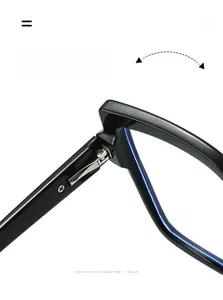 Detail of strong spring hinge on black irregular square glasses frame for pressure-free folding