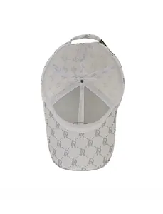 Detail view of white baseball cap interior with gray LA monogram print and sweatband