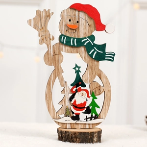 Wooden Christmas snowman ornament with Santa Claus and tree motifs on a round base