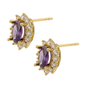 Detail of gold-plated stud earrings featuring purple marquise-cut zircon and white side stones