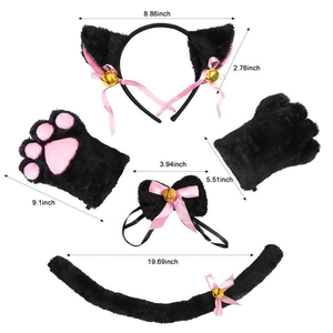 Detailed view of plush cat cosplay set showing dimensions of ears, gloves and tail