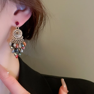Bohemian floral earrings with crystal fringe tassels and sparkling rhinestones for women