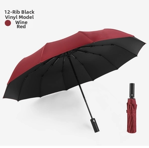 Detail of 12-rib automatic wine red umbrella with black thermal anti-UV coating