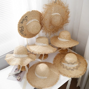 French style raffia sun hats with lace ribbons and black Sun Please embroidery