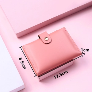 Pink PU leather compact wallet dimensions showing length 12.5cm and height 8.5cm
