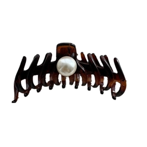 French vintage large brown hair claw clip with a large pearl decoration for women
