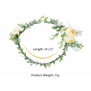 Detail view of yellow and white floral crown with length and weight specifications