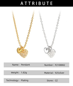 Detail specifications of 925 sterling silver double heart pendant with CZ stones