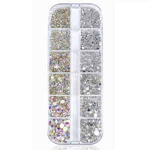 Flatback rhinestones in 12-grid storage box for nail art decorations and accessories