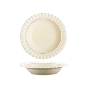Piatto piano in ceramica crema con bordi increspati e trame a pois rosa su sfondo bianco