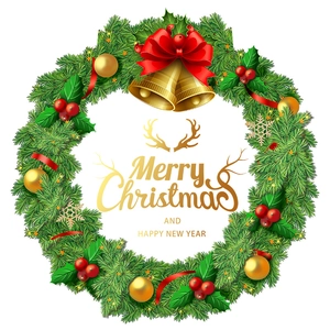 Couronne de Noël verte classique avec nœud rouge, cloches dorées et baies rouges