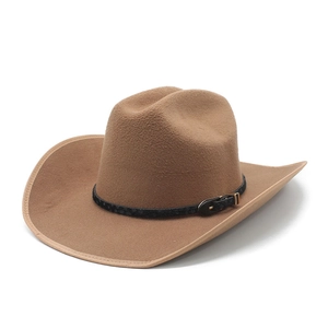 Western Cowboy Hat Woolen Felt Wide Brim Retro Style Sunshade Belt Buckle Decor Outdoor Fashion