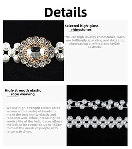 Detail of elastic pearl waist belt with sunflower rhinestone buckle extending to 150cm