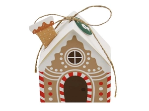 Gingerbread house gift box detail with chimney design, twine handle and number label