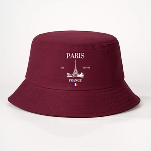 Burgundy cotton bucket hat with Paris Eiffel Tower print and France flag for outdoor sun protection