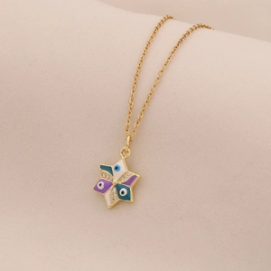 Gold stainless steel necklace with enamel star pendant and colored eye detail