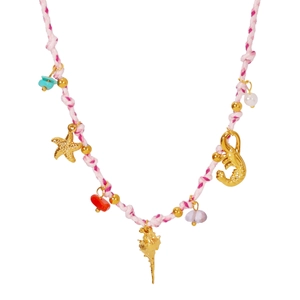 Pink cord ocean necklace with golden starfish and sea life pendants on a white background