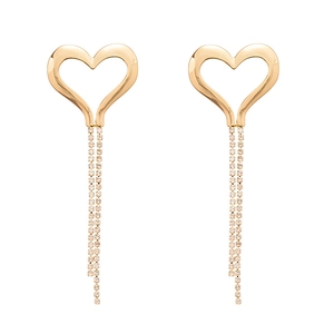 Elegant gold heart earrings with long crystal fringe tassels and a polished metallic finish