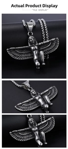 Detailed macro shot of vintage stainless steel Egyptian Goddess Isis pendant with wings