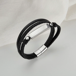 Multilayer men's braided black leather bracelet with rectangular silver metal plate